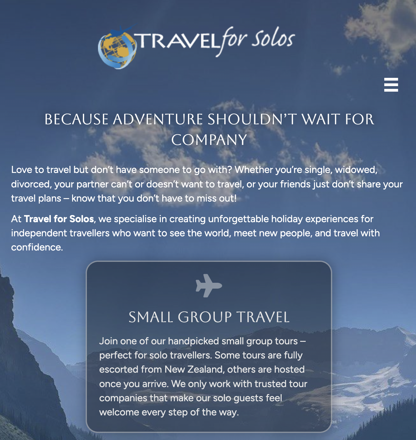 Travel for Solos website — group travel for solo travellers